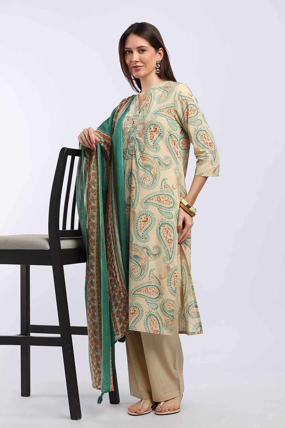Mythri Women’s Cotton Paisley Printed Chudidar | Mandarin Collar Notch Neck Kurta with 3/4 Sleeves | Regular Fit Daily Office & Casual Ethnic Wear - A202