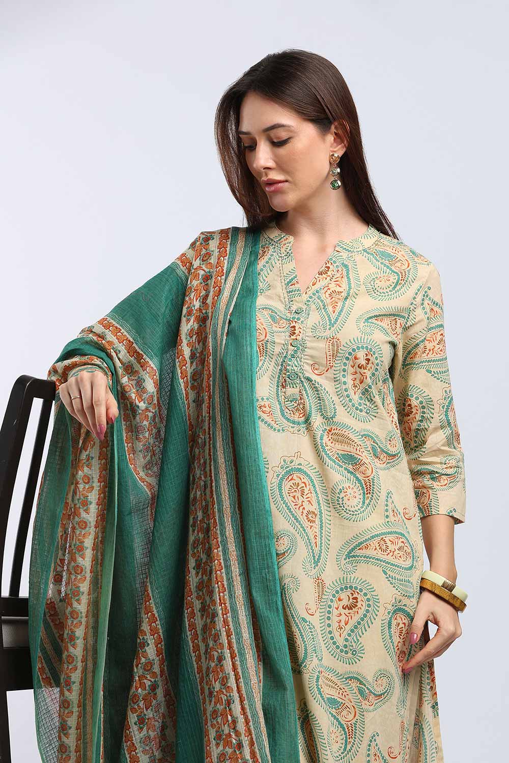 Mythri Women’s Cotton Paisley Printed Chudidar | Mandarin Collar Notch Neck Kurta with 3/4 Sleeves | Regular Fit Daily Office & Casual Ethnic Wear - A202