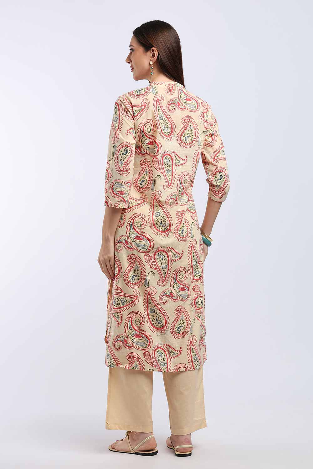Mythri Women’s Cotton Paisley Printed Chudidar | Mandarin Collar Notch Neck Kurta with 3/4 Sleeves | Regular Fit Daily Office & Casual Ethnic Wear - A202