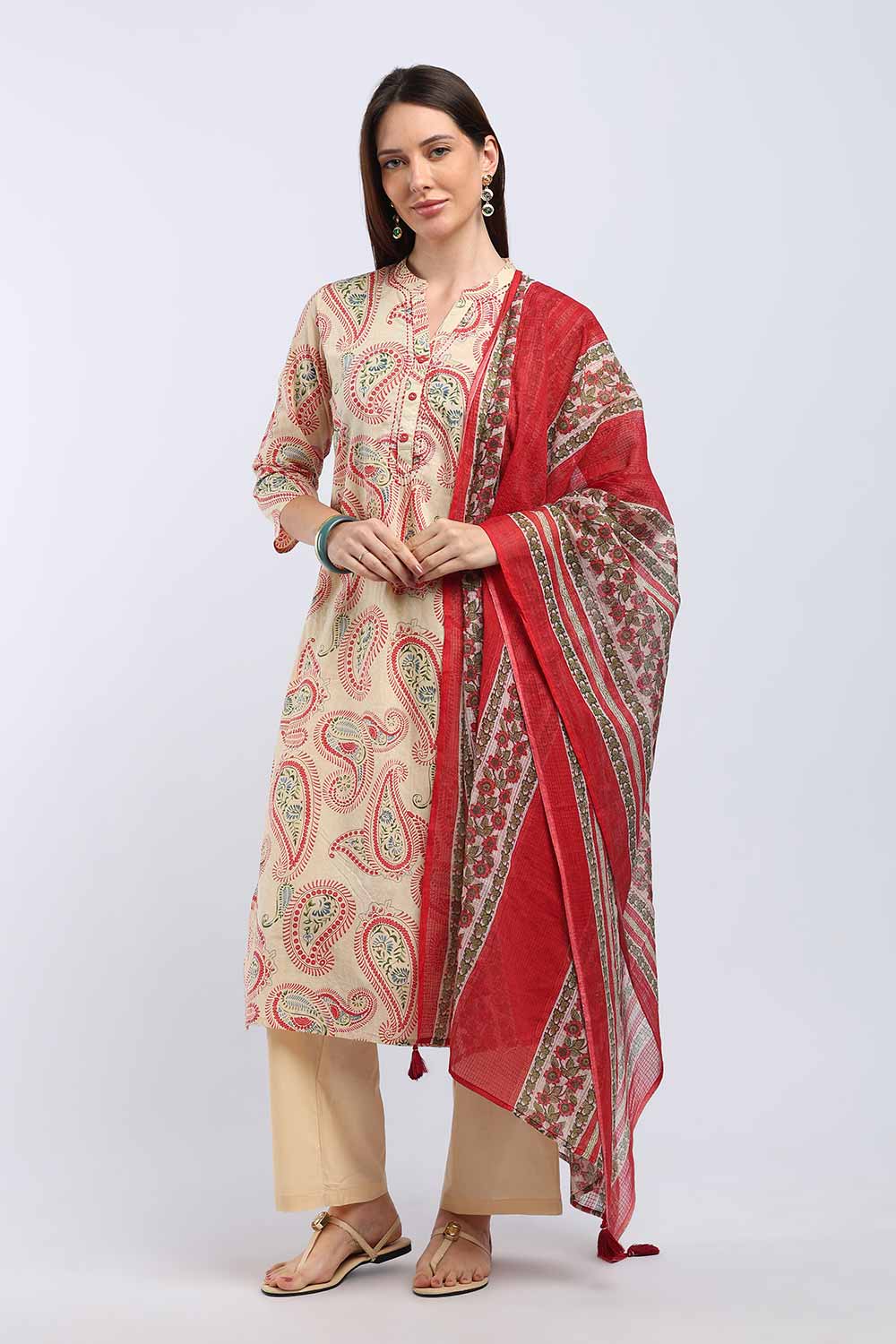 Mythri Women’s Cotton Paisley Printed Chudidar | Mandarin Collar Notch Neck Kurta with 3/4 Sleeves | Regular Fit Daily Office & Casual Ethnic Wear - A202