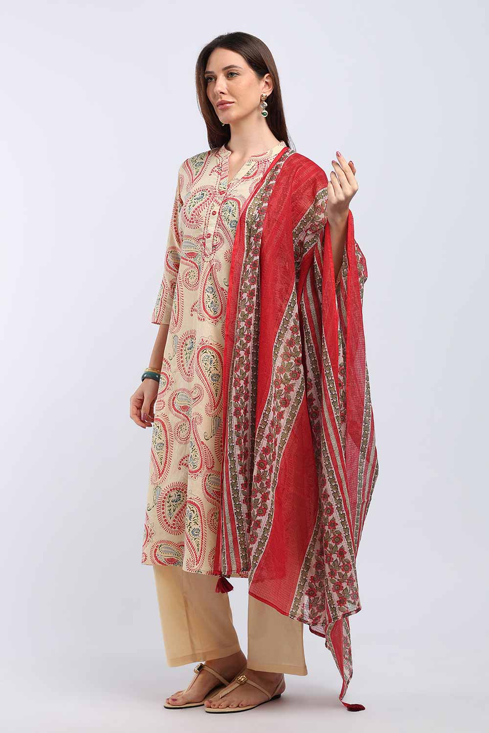 Mythri Women’s Cotton Paisley Printed Chudidar | Mandarin Collar Notch Neck Kurta with 3/4 Sleeves | Regular Fit Daily Office & Casual Ethnic Wear - A202