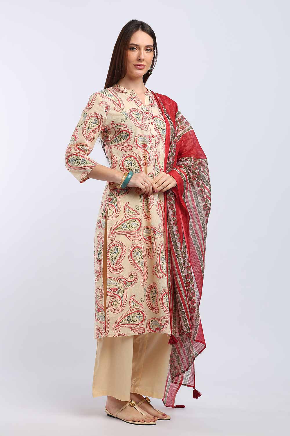 Mythri Women’s Cotton Paisley Printed Chudidar | Mandarin Collar Notch Neck Kurta with 3/4 Sleeves | Regular Fit Daily Office & Casual Ethnic Wear - A202