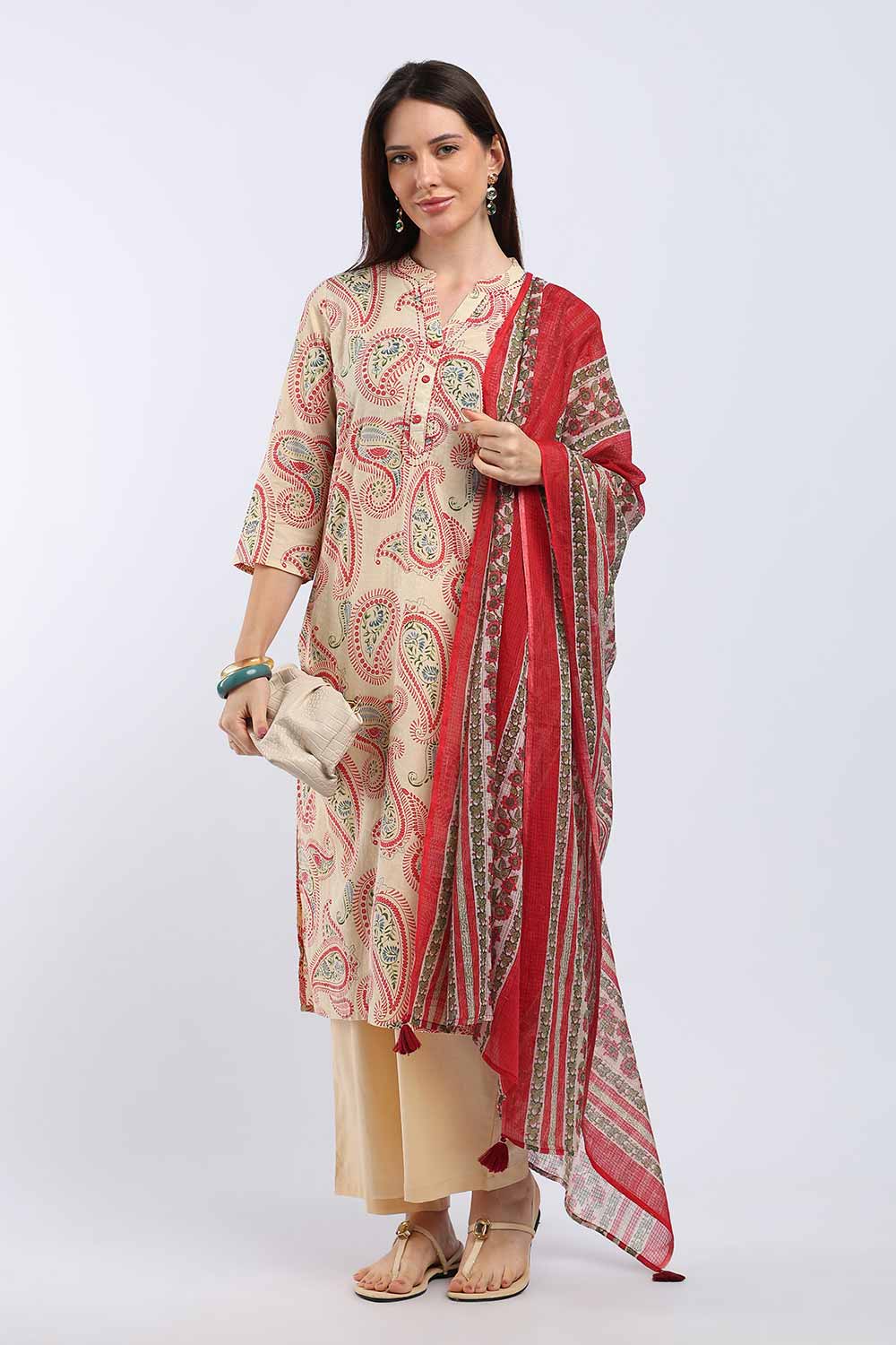 Mythri Women’s Cotton Paisley Printed Chudidar | Mandarin Collar Notch Neck Kurta with 3/4 Sleeves | Regular Fit Daily Office & Casual Ethnic Wear - A202