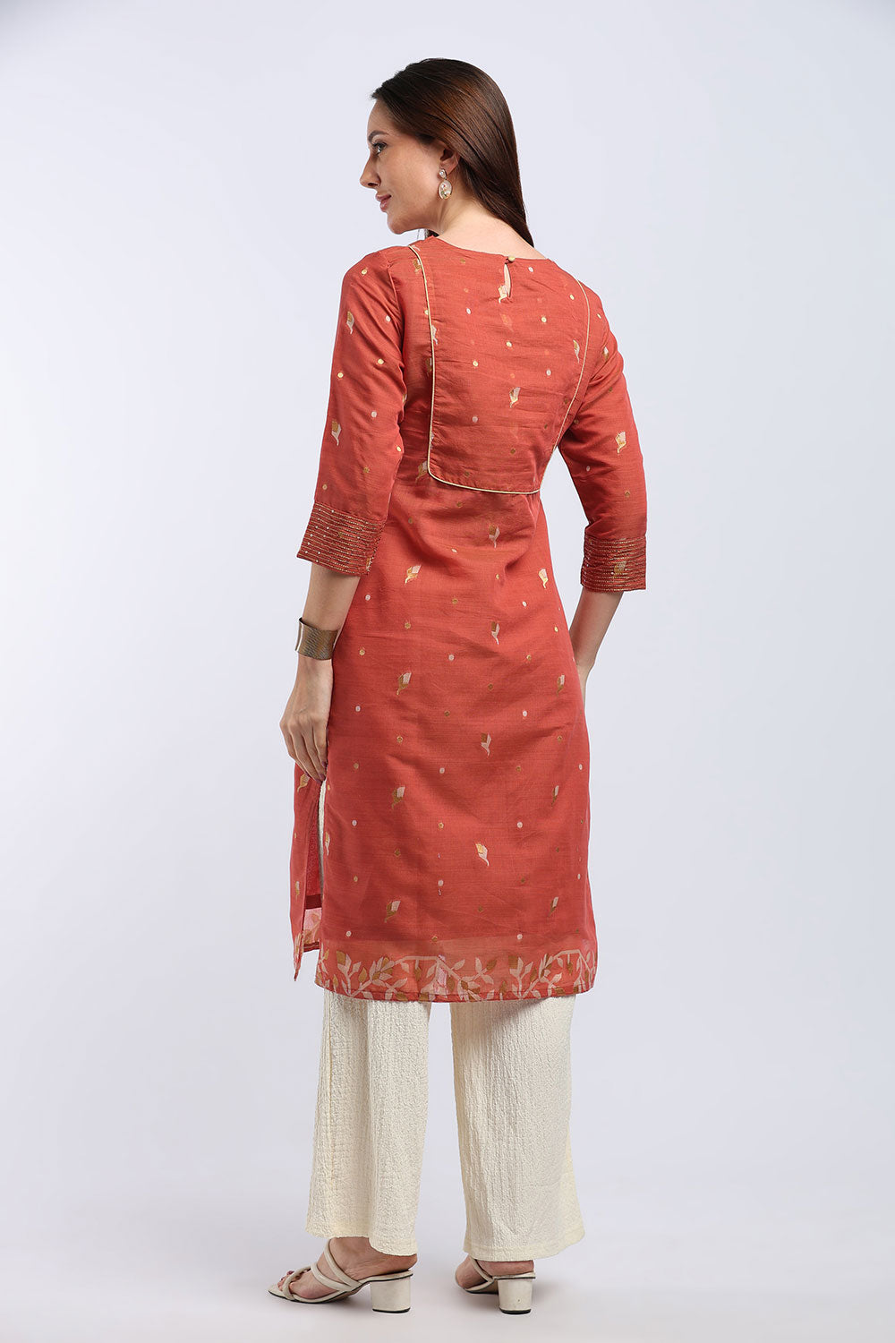 Mythri Women's Cotton Chanderi Printed Kurti | Straight Fit Ethnic Kurti with Zari Embroidery | Festive & Occasion Wear Kurta for Women - K141