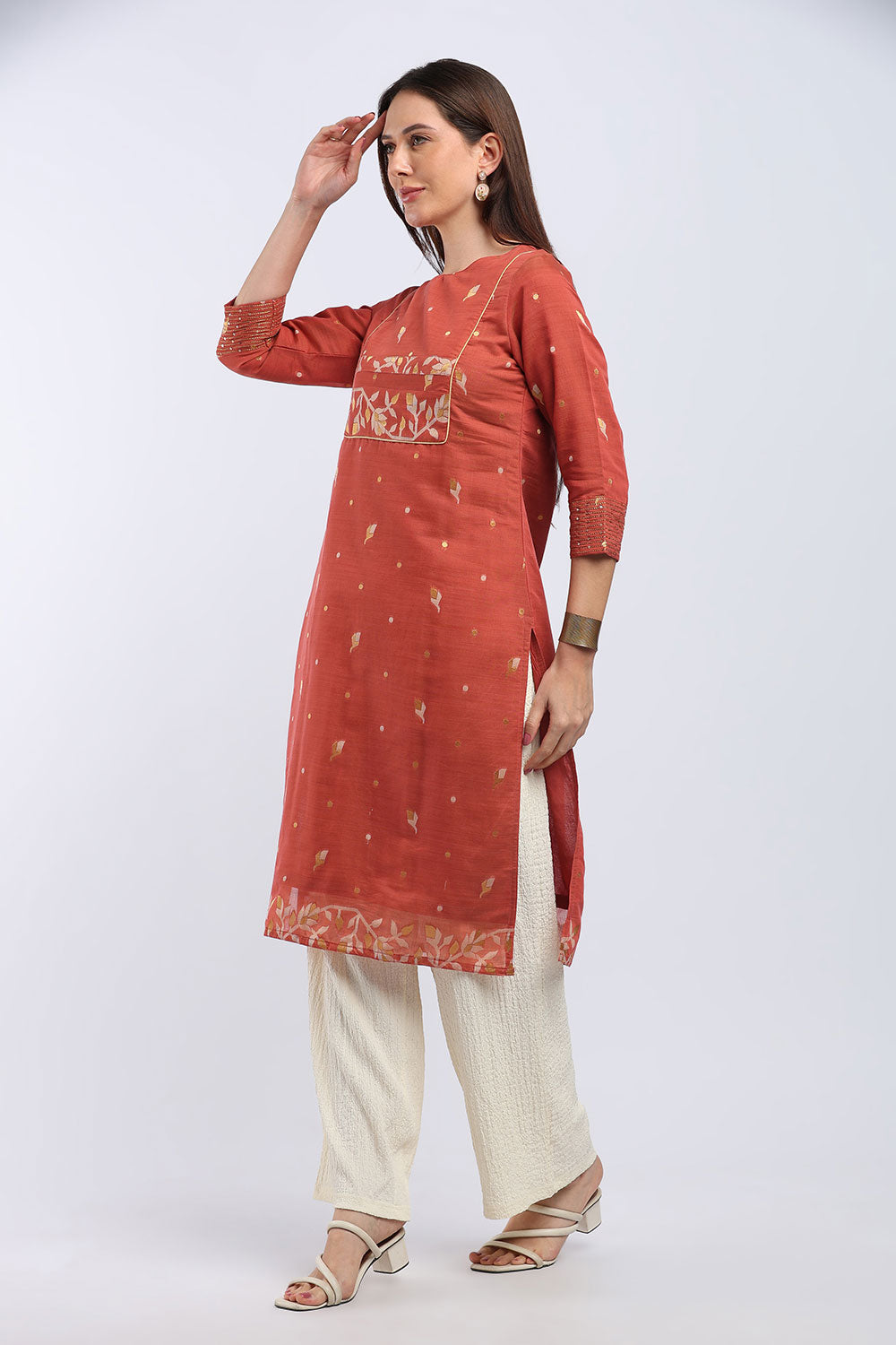 Mythri Women's Cotton Chanderi Printed Kurti | Straight Fit Ethnic Kurti with Zari Embroidery | Festive & Occasion Wear Kurta for Women - K141