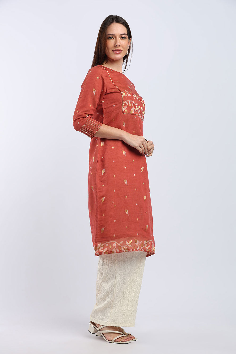 Mythri Women's Cotton Chanderi Printed Kurti | Straight Fit Ethnic Kurti with Zari Embroidery | Festive & Occasion Wear Kurta for Women - K141