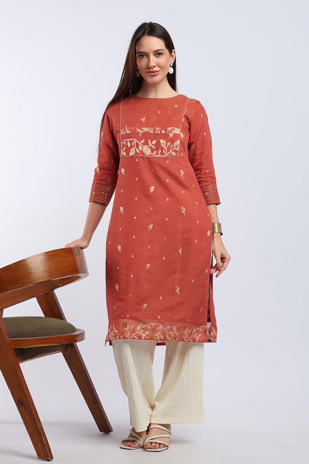 Mythri Women's Cotton Chanderi Printed Kurti | Straight Fit Ethnic Kurti with Zari Embroidery | Festive & Occasion Wear Kurta for Women - K141