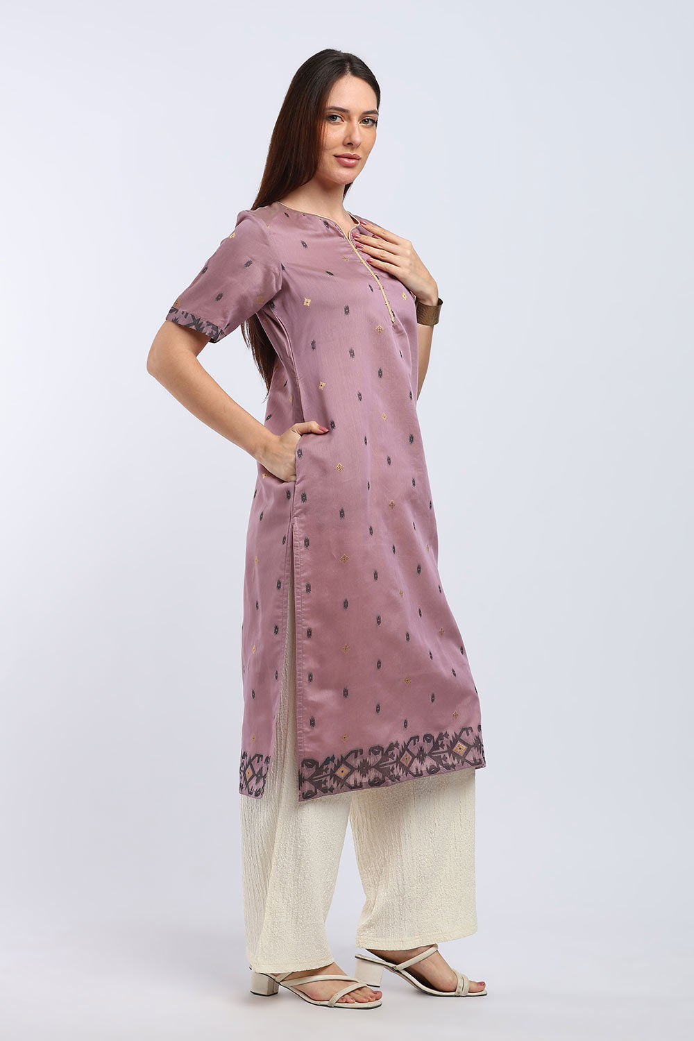 Mythri Women’s Cotton Embroidered Kurti | Sweetheart Neck Kurta with Golden Piping & Sequin Embroidery | Ethnic Kurti for Office Festive & Casual Wear - K142