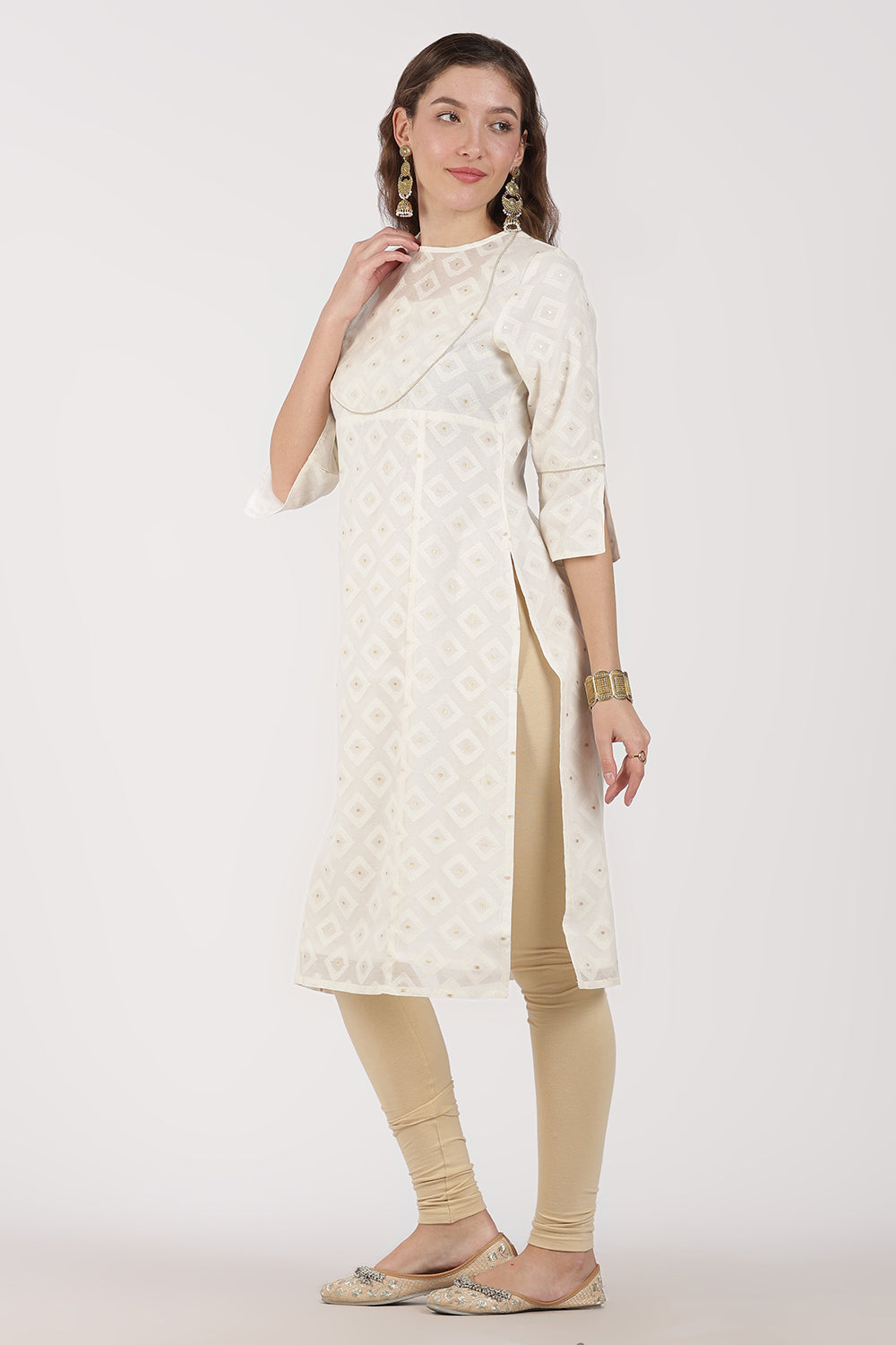 Mythri Women’s White Jacquard Chanderi Kurti – Gold Piping & Sheer Yoke Design - White Jacquard -1 - KU97