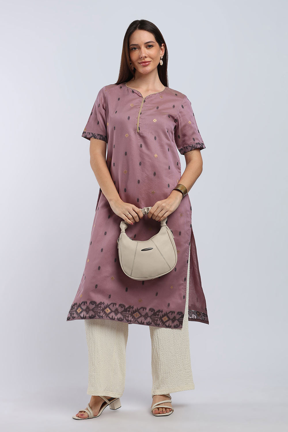 Mythri Women’s Cotton Embroidered Kurti | Sweetheart Neck Kurta with Golden Piping & Sequin Embroidery | Ethnic Kurti for Office Festive & Casual Wear - K142