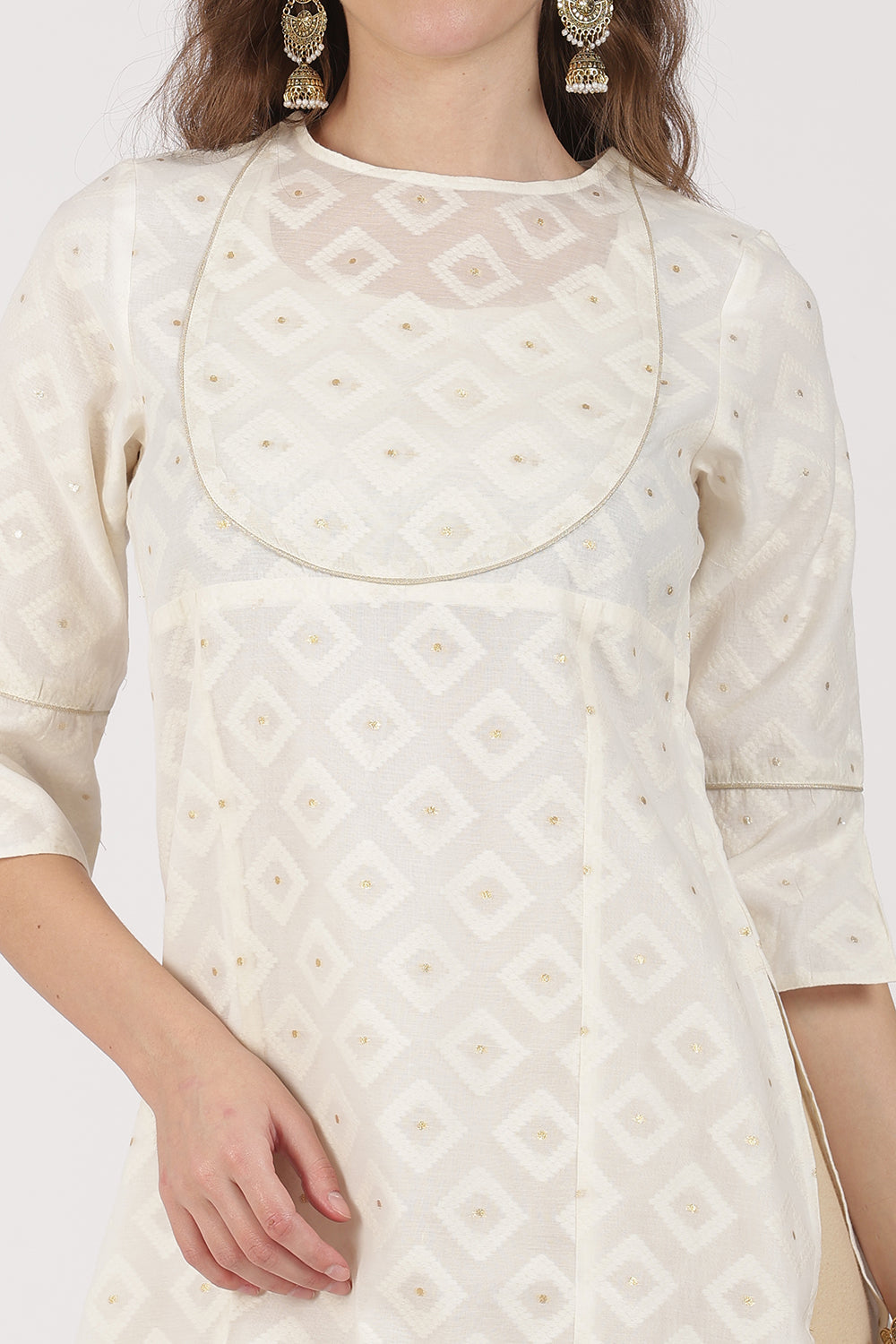 Mythri Women’s White Jacquard Chanderi Kurti – Gold Piping & Sheer Yoke Design - White Jacquard -1 - KU97