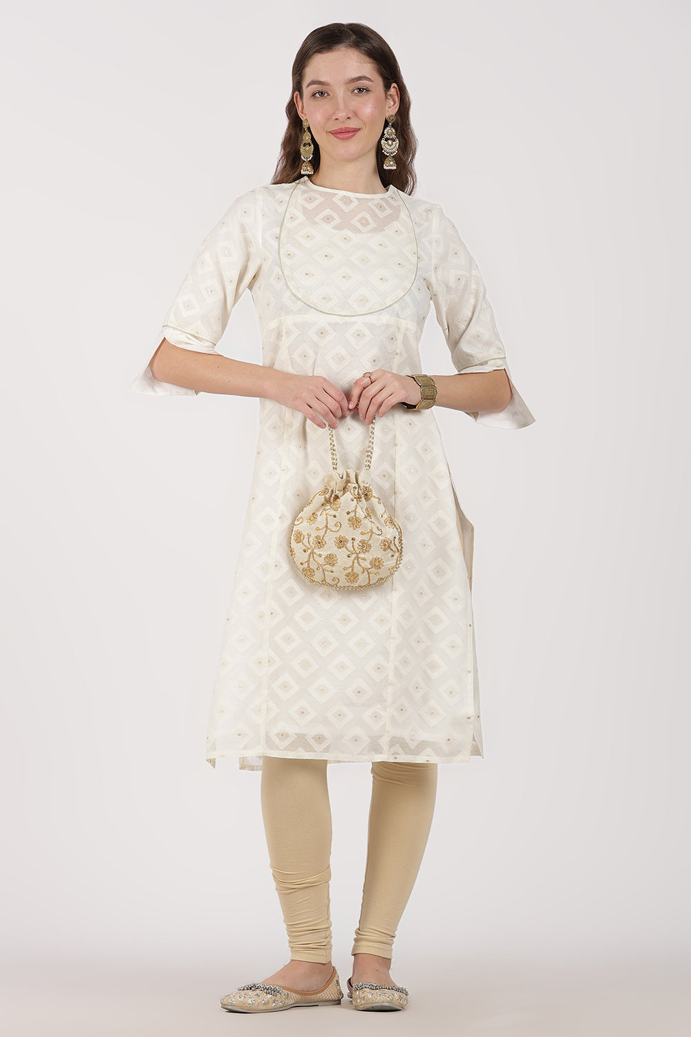 Mythri Women’s White Jacquard Chanderi Kurti – Gold Piping & Sheer Yoke Design - White Jacquard -1 - KU97