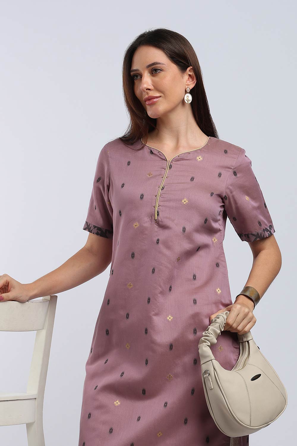 Mythri Women’s Cotton Embroidered Kurti | Sweetheart Neck Kurta with Golden Piping & Sequin Embroidery | Ethnic Kurti for Office Festive & Casual Wear - K142