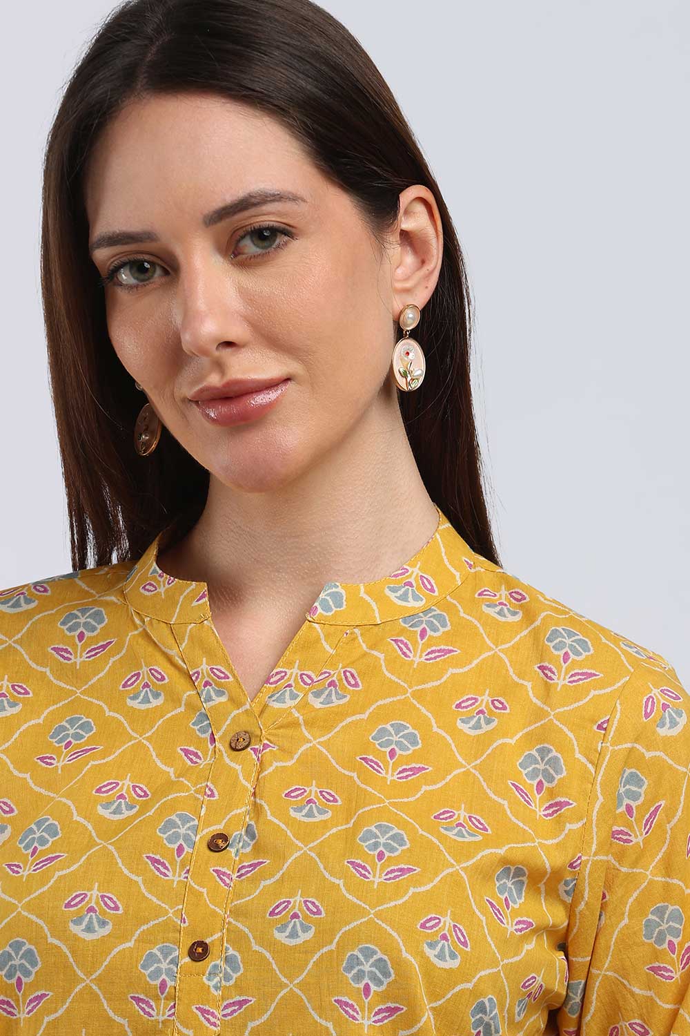 Mythri Women's Cotton Printed Short Top | Mandarin V-Neck Cotton Top with 3/4 Sleeves | Casual Office Wear Top for Women | Regular Fit Everyday Cotton Top - TU517