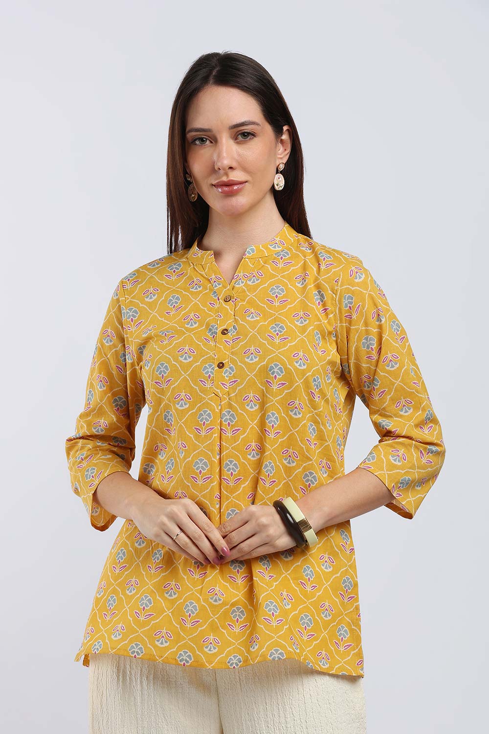 Mythri Women's Cotton Printed Short Top | Mandarin V-Neck Cotton Top with 3/4 Sleeves | Casual Office Wear Top for Women | Regular Fit Everyday Cotton Top - TU517