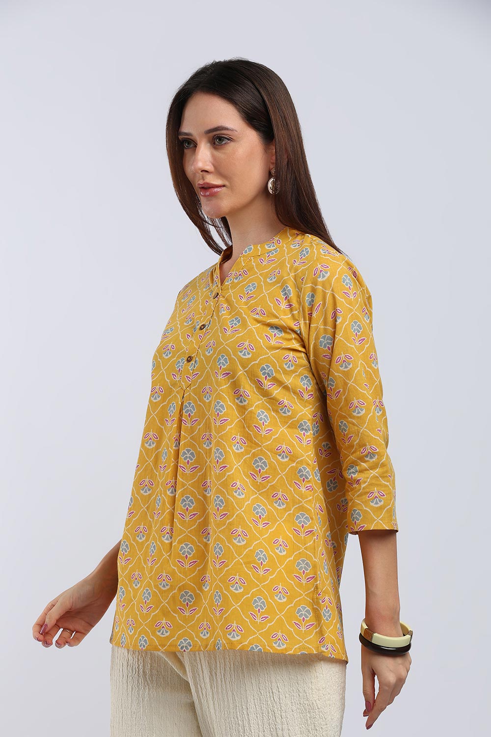 Mythri Women's Cotton Printed Short Top | Mandarin V-Neck Cotton Top with 3/4 Sleeves | Casual Office Wear Top for Women | Regular Fit Everyday Cotton Top - TU517