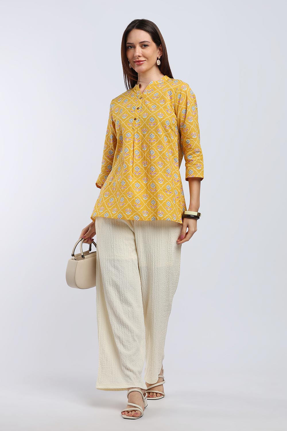 Mythri Women's Cotton Printed Short Top | Mandarin V-Neck Cotton Top with 3/4 Sleeves | Casual Office Wear Top for Women | Regular Fit Everyday Cotton Top - TU517