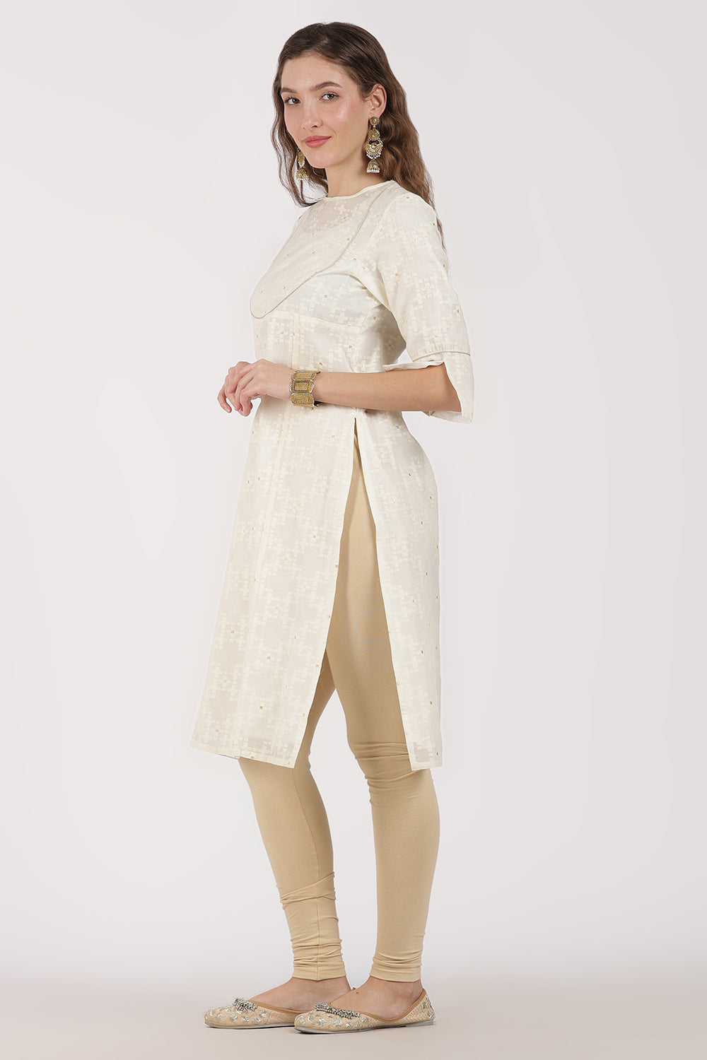 Mythri Women’s White Jacquard Chanderi Kurti – Gold Piping & Sheer Yoke Design - White Jacquard - KU97