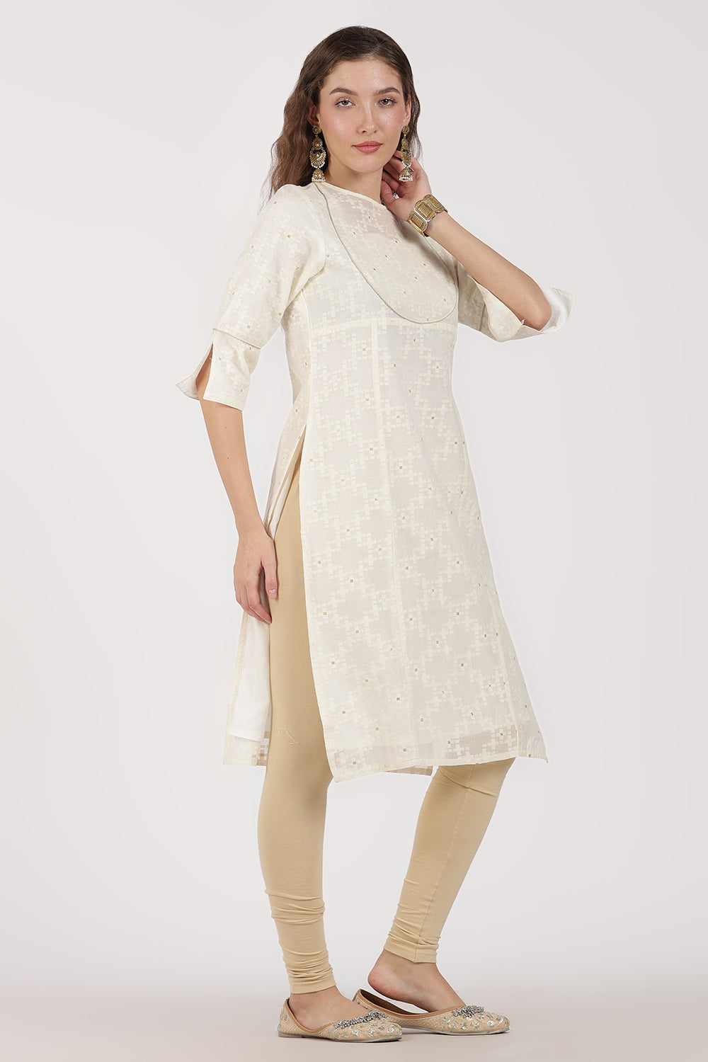 Mythri Women’s White Jacquard Chanderi Kurti – Gold Piping & Sheer Yoke Design - White Jacquard - KU97