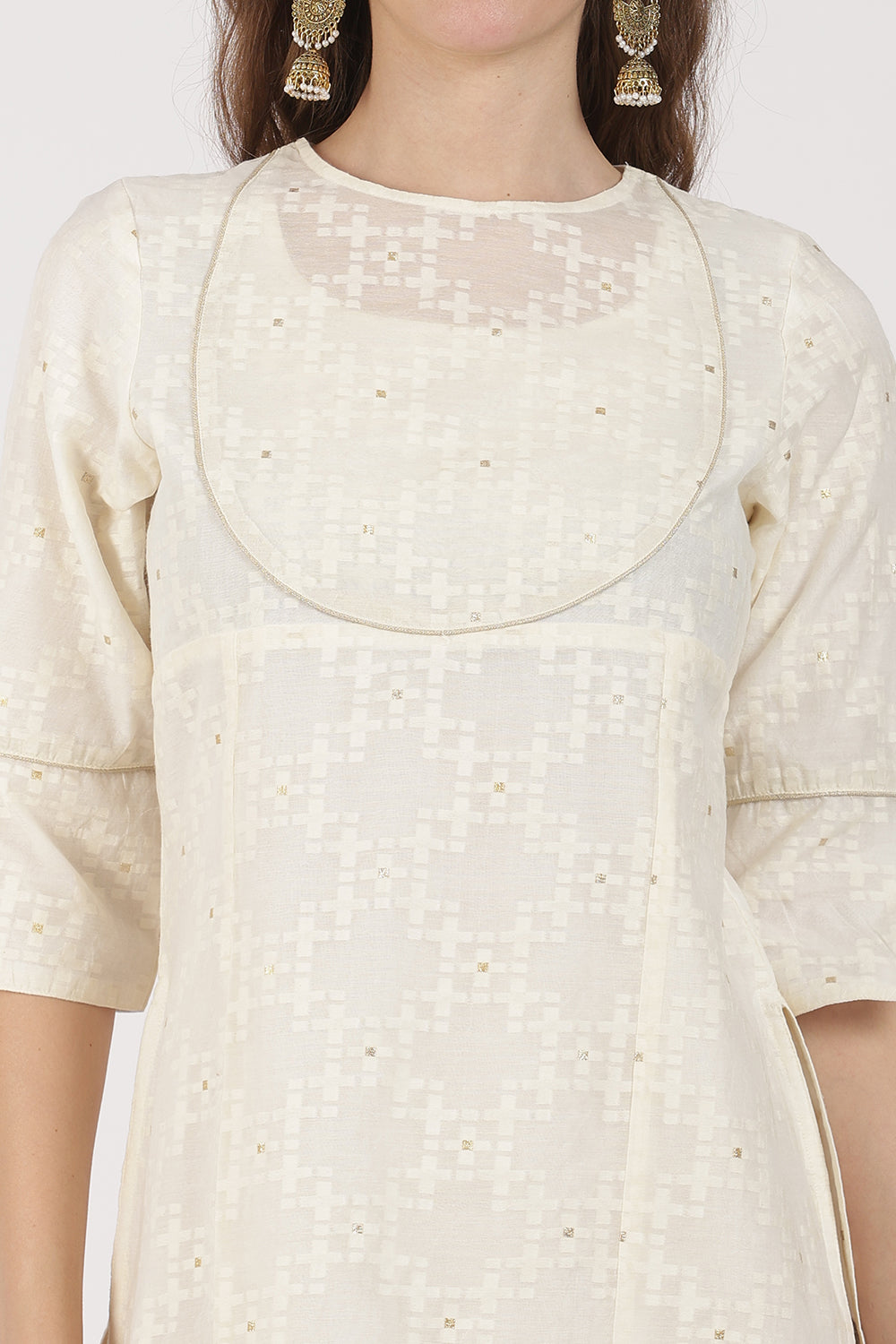 Mythri Women’s White Jacquard Chanderi Kurti – Gold Piping & Sheer Yoke Design - White Jacquard - KU97