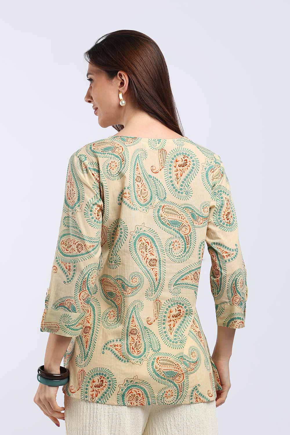 Mythri Women's Cotton Floral Printed Top | V-Neck 3/4 Sleeve Ethnic Top with Button Placket | Casual, Office & Daily Wear - T103