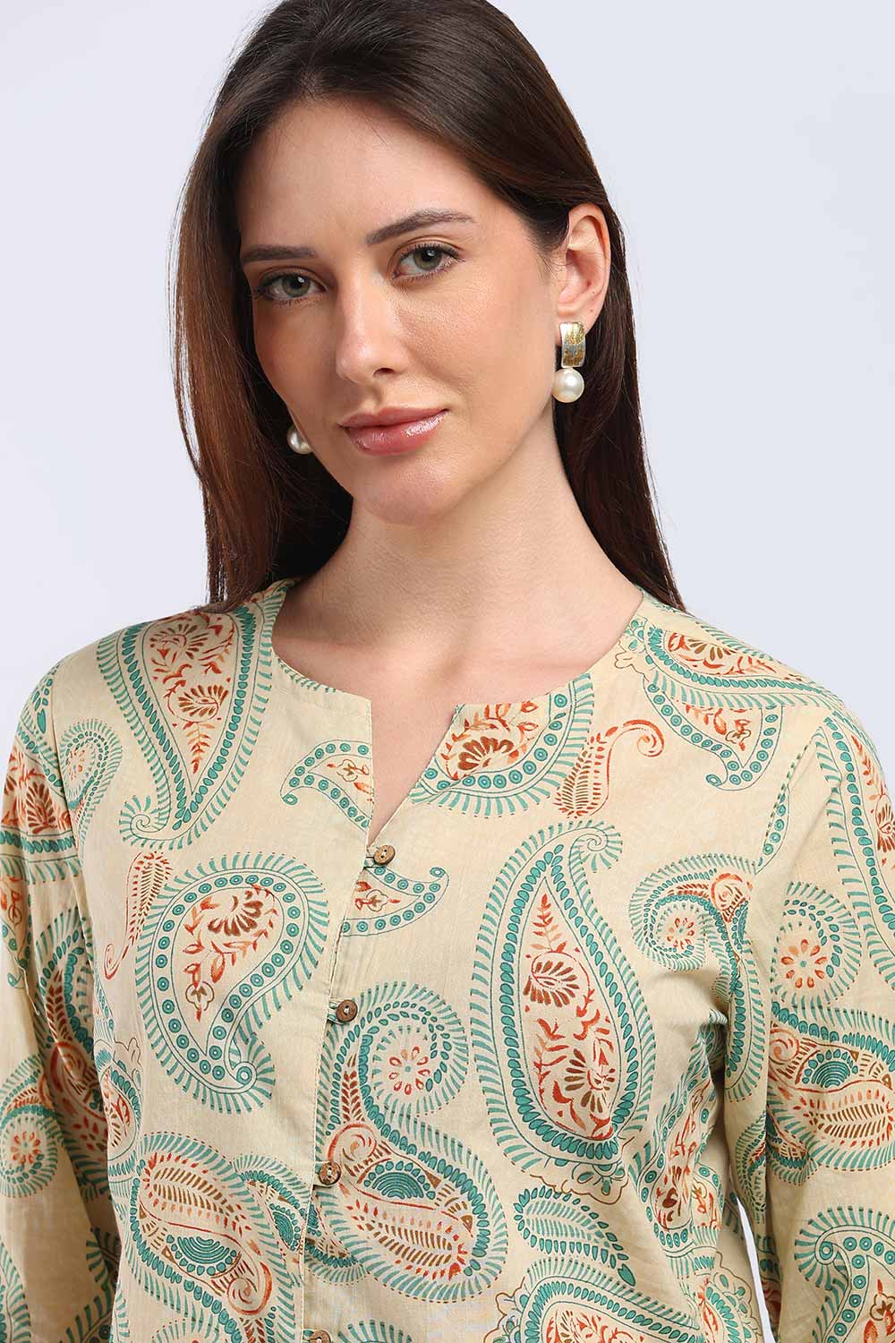 Mythri Women's Cotton Floral Printed Top | V-Neck 3/4 Sleeve Ethnic Top with Button Placket | Casual, Office & Daily Wear - T103