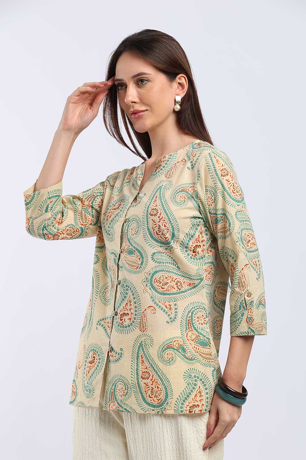 Mythri Women's Cotton Floral Printed Top | V-Neck 3/4 Sleeve Ethnic Top with Button Placket | Casual, Office & Daily Wear - T103
