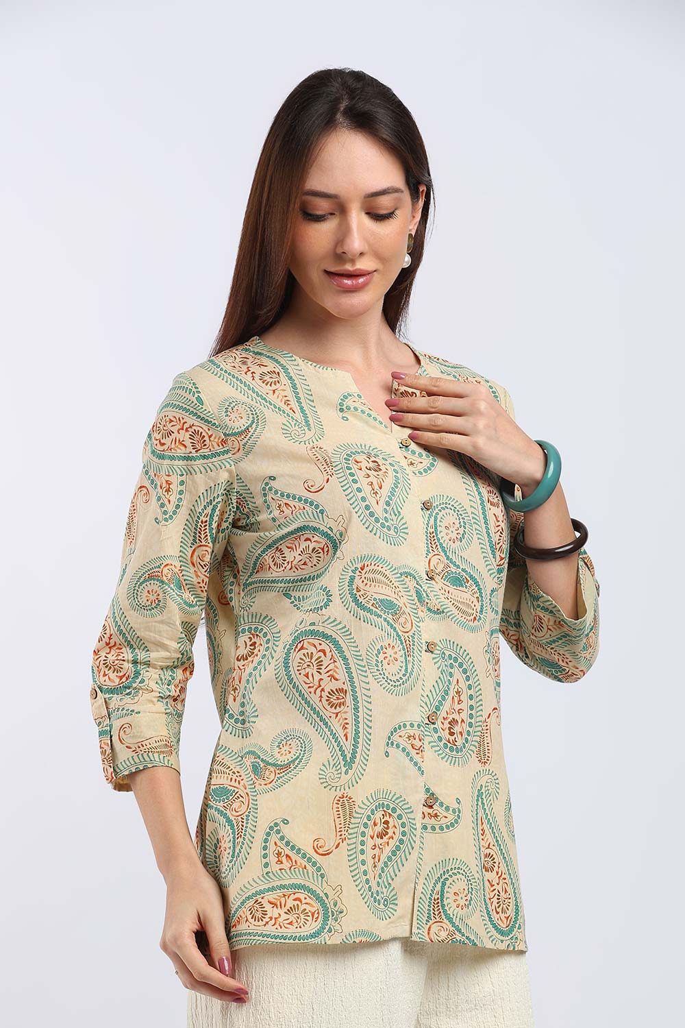 Mythri Women's Cotton Floral Printed Top | V-Neck 3/4 Sleeve Ethnic Top with Button Placket | Casual, Office & Daily Wear - T103