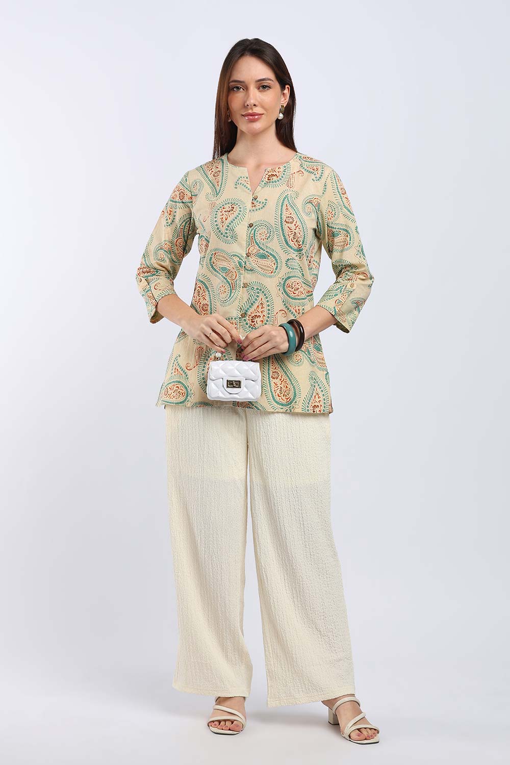 Mythri Women's Cotton Floral Printed Top | V-Neck 3/4 Sleeve Ethnic Top with Button Placket | Casual, Office & Daily Wear - T103