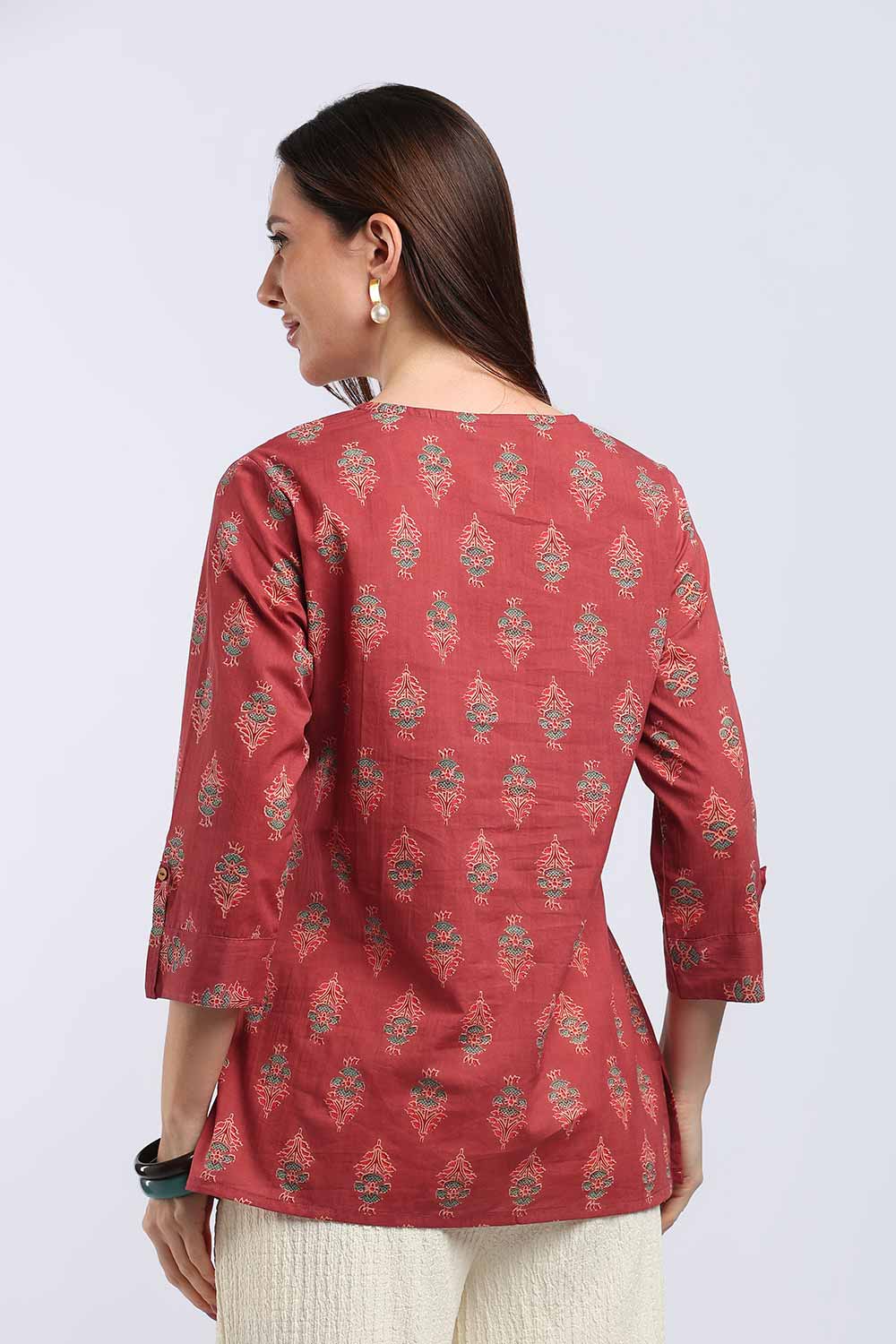 Mythri Women's Cotton Printed Top | V-Neck Ethnic Top with 3/4 Sleeves | Floral Cotton Top for Women | Casual, Office & Everyday Wear - TU102