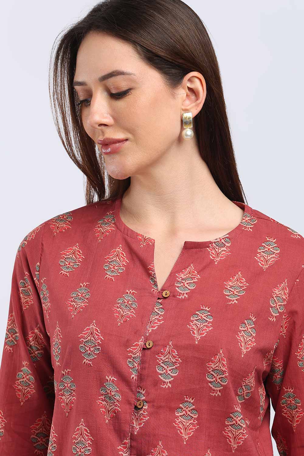 Mythri Women's Cotton Printed Top | V-Neck Ethnic Top with 3/4 Sleeves | Floral Cotton Top for Women | Casual, Office & Everyday Wear - TU102