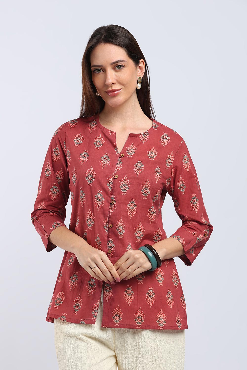 Mythri Women's Cotton Printed Top | V-Neck Ethnic Top with 3/4 Sleeves | Floral Cotton Top for Women | Casual, Office & Everyday Wear - TU102