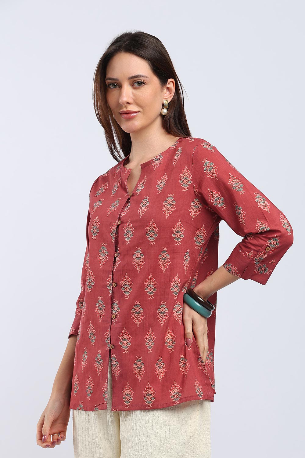 Mythri Women's Cotton Printed Top | V-Neck Ethnic Top with 3/4 Sleeves | Floral Cotton Top for Women | Casual, Office & Everyday Wear - TU102