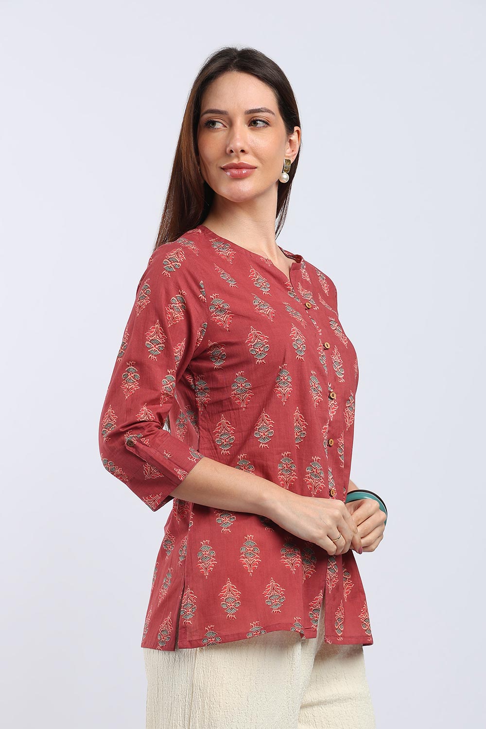 Mythri Women's Cotton Printed Top | V-Neck Ethnic Top with 3/4 Sleeves | Floral Cotton Top for Women | Casual, Office & Everyday Wear - TU102