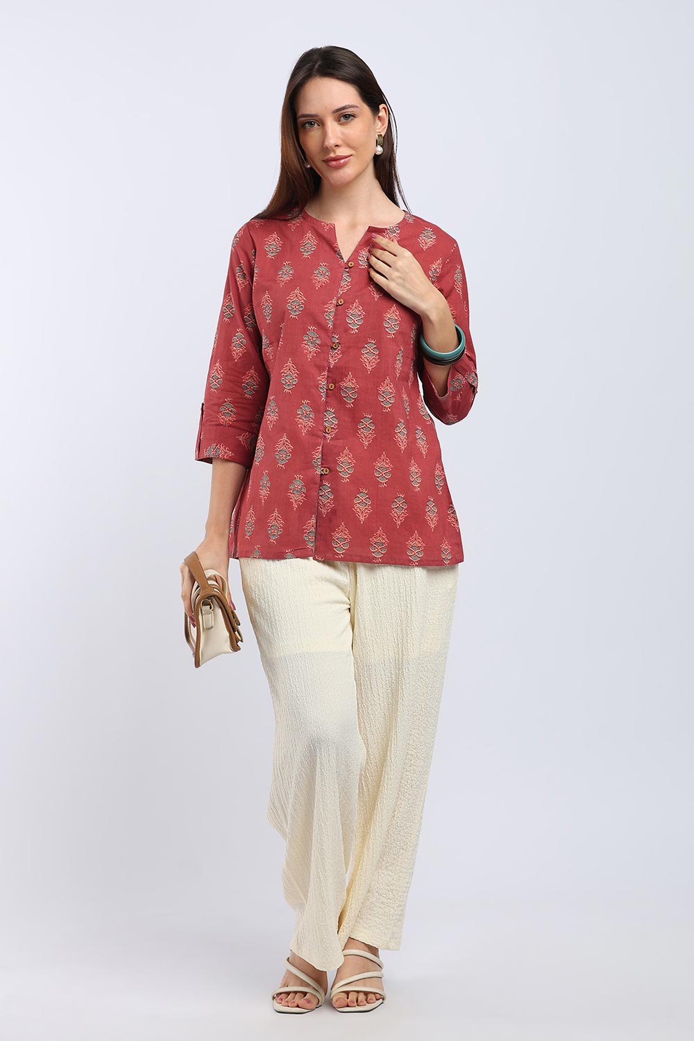 Mythri Women's Cotton Printed Top | V-Neck Ethnic Top with 3/4 Sleeves | Floral Cotton Top for Women | Casual, Office & Everyday Wear - TU102
