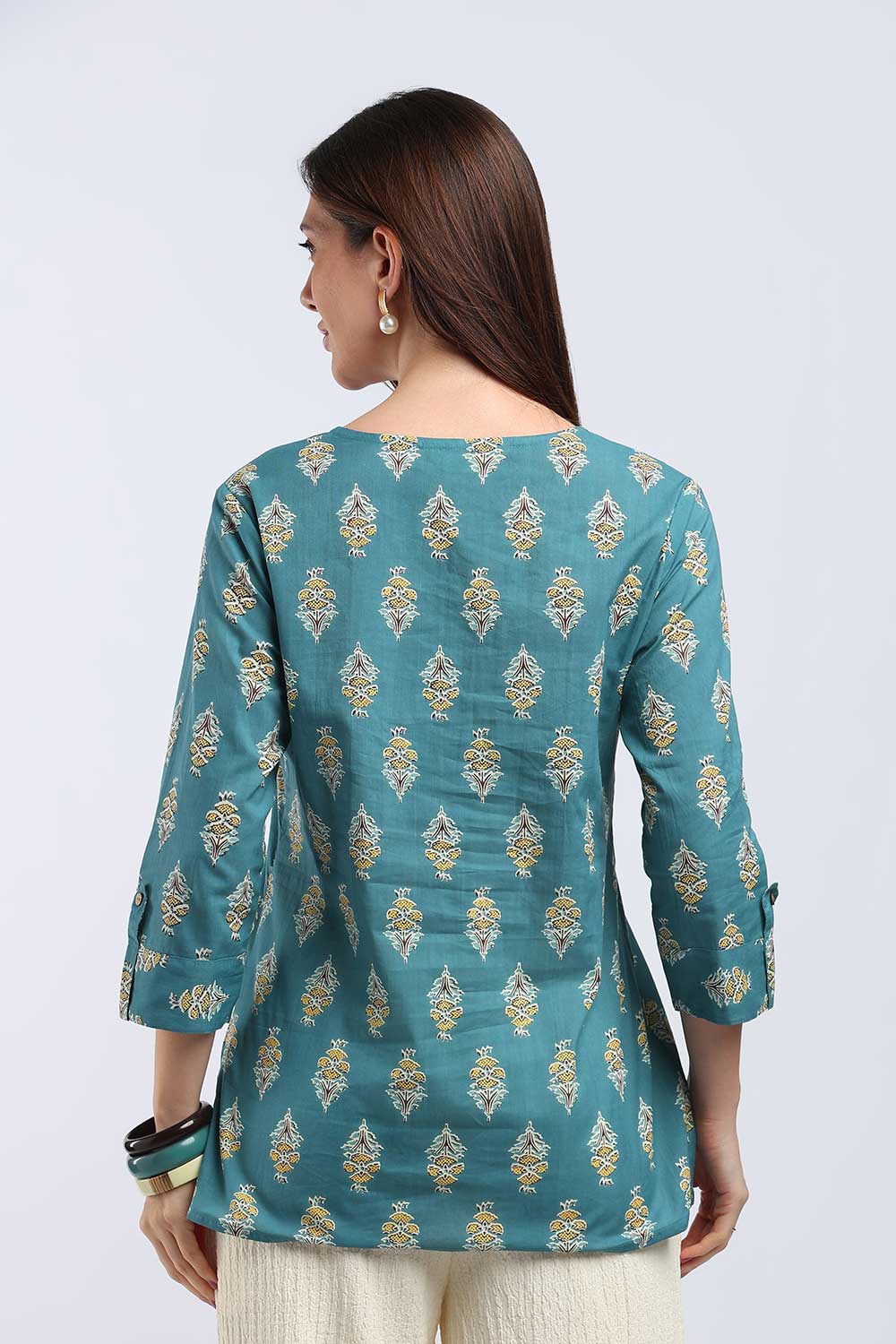 Mythri Women's Cotton Printed Top | V-Neck Ethnic Cotton Top with 3/4 Sleeves | Casual, Office & Everyday Wear Top for Women | Regular Fit - TU101