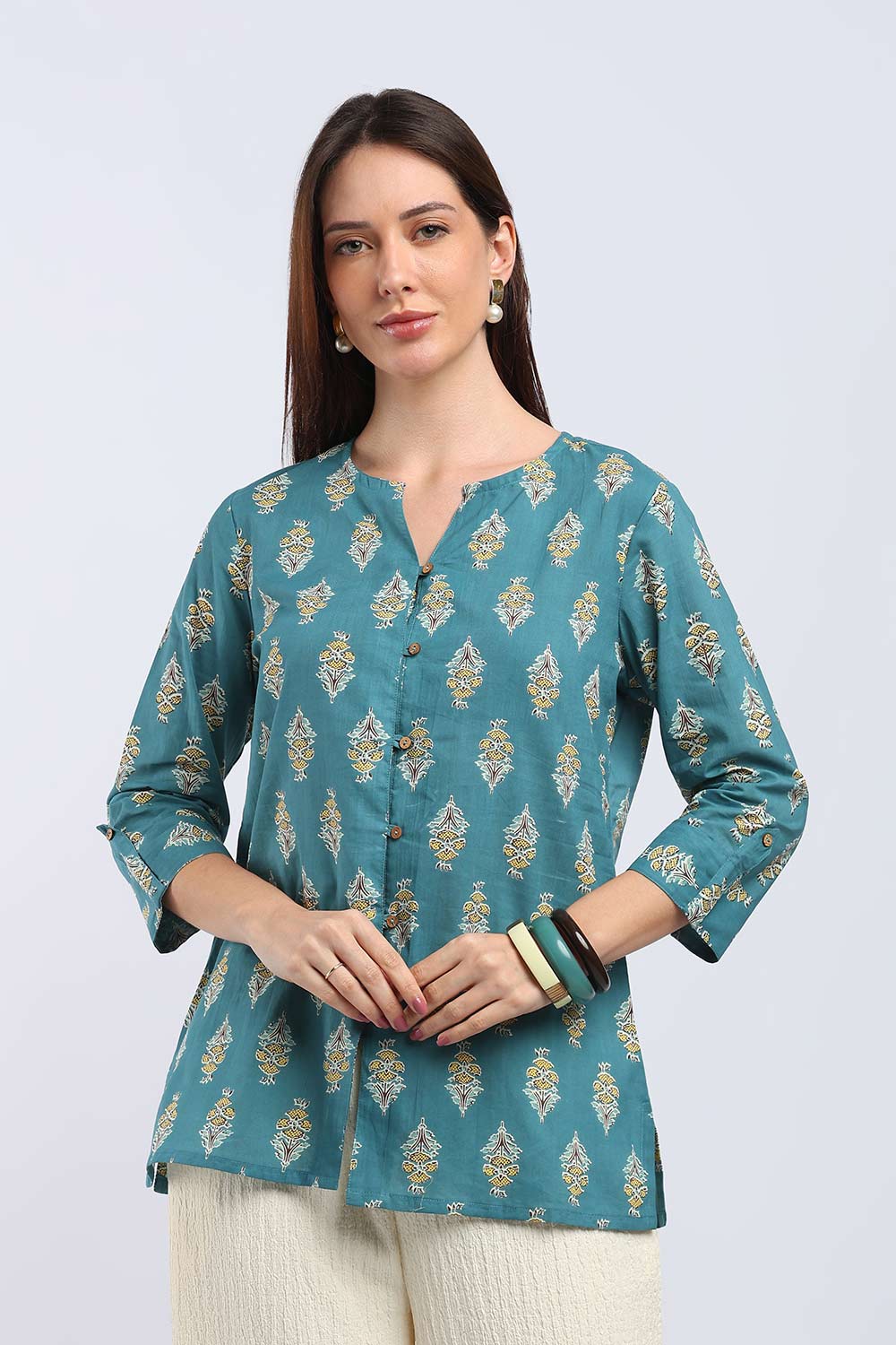 Mythri Women's Cotton Printed Top | V-Neck Ethnic Cotton Top with 3/4 Sleeves | Casual, Office & Everyday Wear Top for Women | Regular Fit - TU101