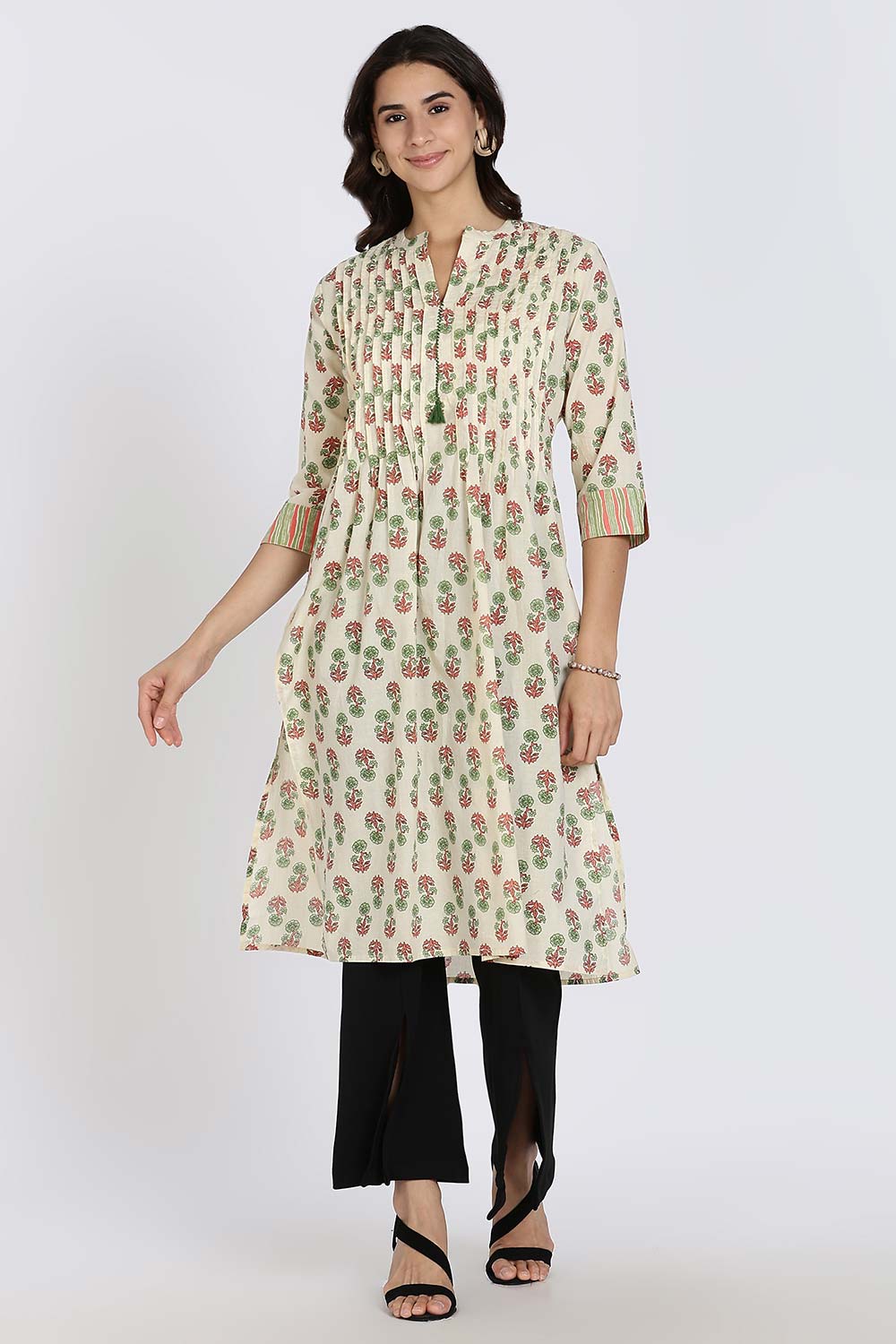 Mythri Women's Cotton Cambric Kurthi | Flared Ethnic Wear with Pintucks, Mandarin Collar & Tassel Detail - Green - K810