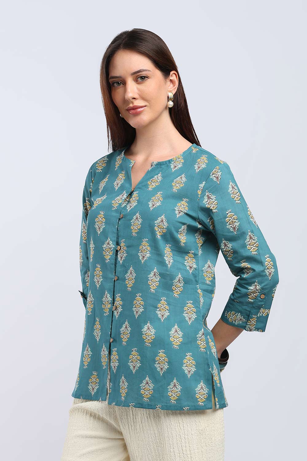 Mythri Women's Cotton Printed Top | V-Neck Ethnic Cotton Top with 3/4 Sleeves | Casual, Office & Everyday Wear Top for Women | Regular Fit - TU101