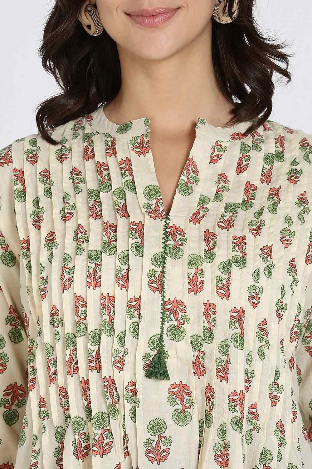 Mythri Women's Cotton Cambric Kurthi | Flared Ethnic Wear with Pintucks, Mandarin Collar & Tassel Detail - Green - K810