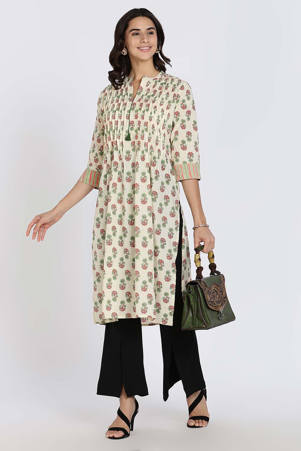 Mythri Women's Cotton Cambric Kurthi | Flared Ethnic Wear with Pintucks, Mandarin Collar & Tassel Detail - Green - K810