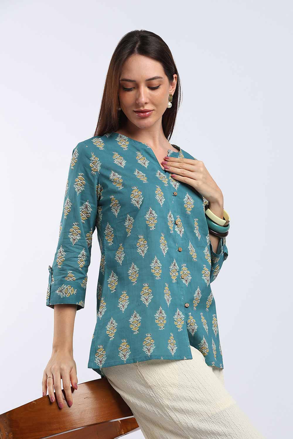 Mythri Women's Cotton Printed Top | V-Neck Ethnic Cotton Top with 3/4 Sleeves | Casual, Office & Everyday Wear Top for Women | Regular Fit - TU101