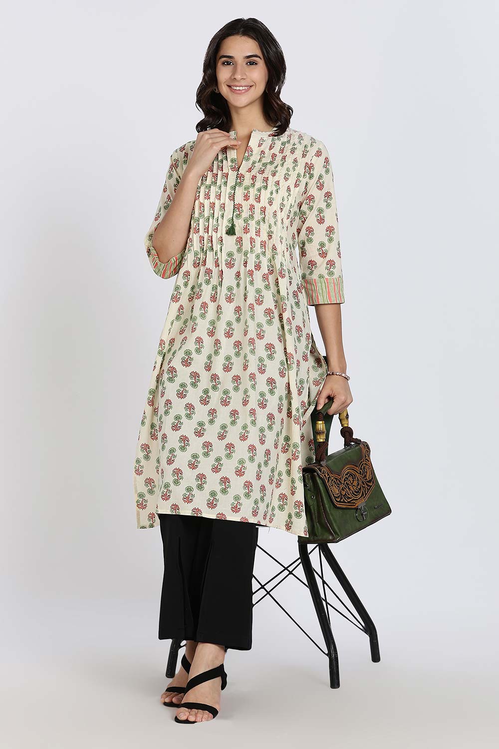 Mythri Women's Cotton Cambric Kurthi | Flared Ethnic Wear with Pintucks, Mandarin Collar & Tassel Detail - Green - K810