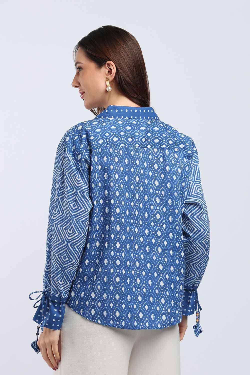 Mythri Women's Cotton Shirt Top | V-Slit Collar Full Sleeve Top with Tie-Up Tassels & Patch Pockets | Casual Office & Daily Wear - TO44