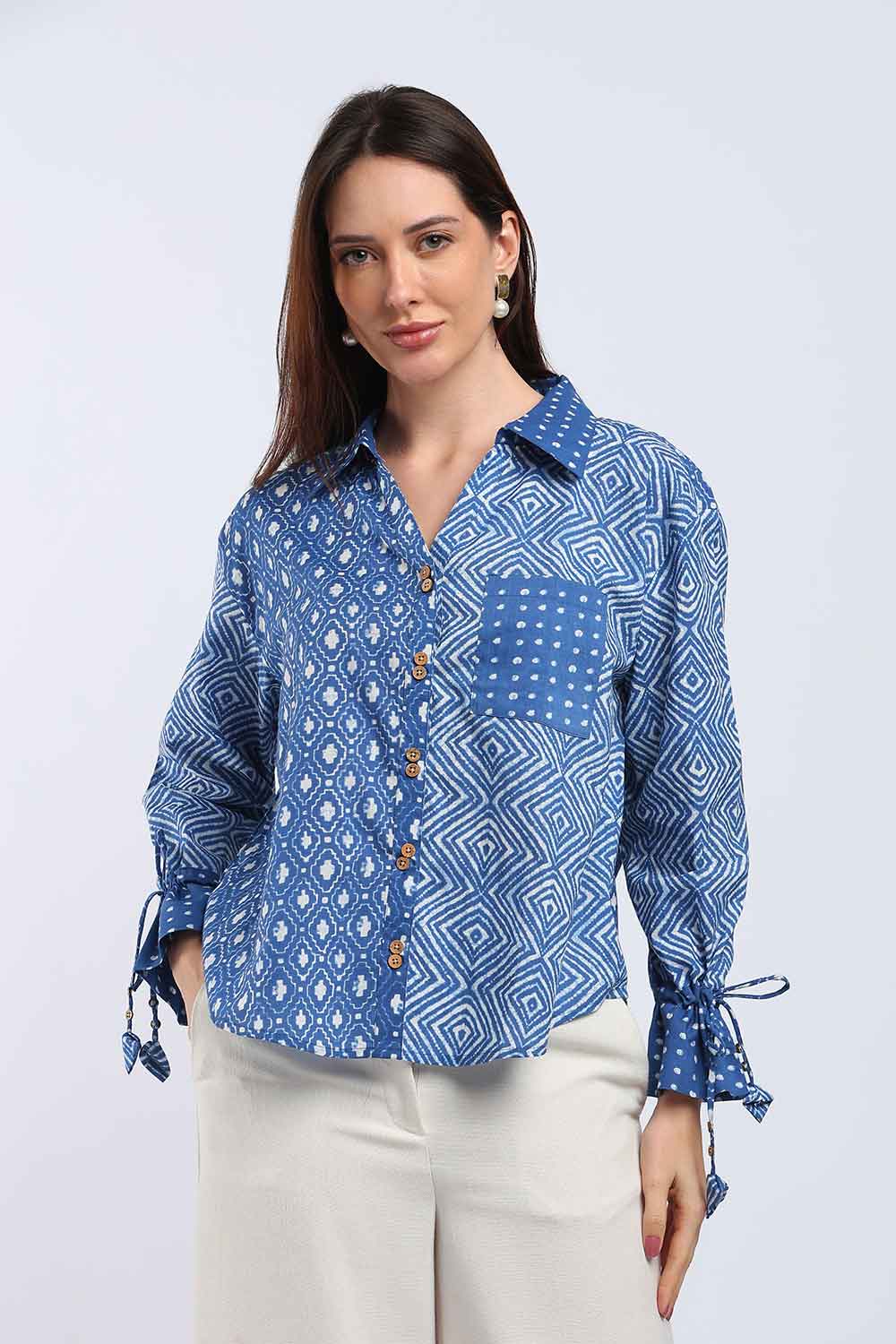 Mythri Women's Cotton Shirt Top | V-Slit Collar Full Sleeve Top with Tie-Up Tassels & Patch Pockets | Casual Office & Daily Wear - TO44