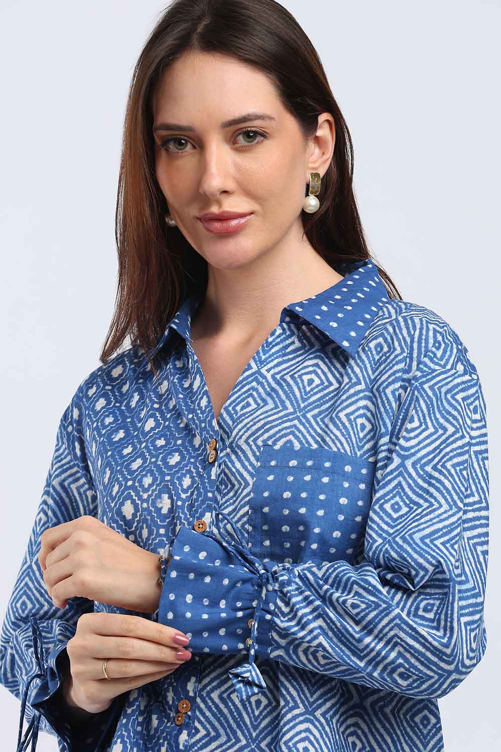 Mythri Women's Cotton Shirt Top | V-Slit Collar Full Sleeve Top with Tie-Up Tassels & Patch Pockets | Casual Office & Daily Wear - TO44