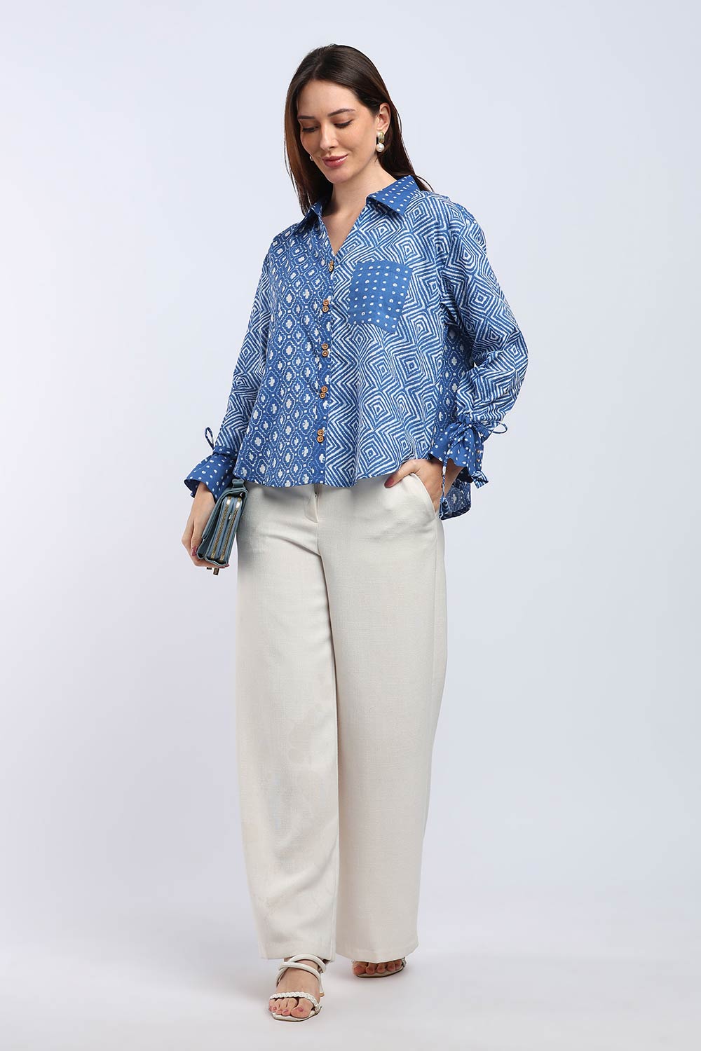 Mythri Women's Cotton Shirt Top | V-Slit Collar Full Sleeve Top with Tie-Up Tassels & Patch Pockets | Casual Office & Daily Wear - TO44