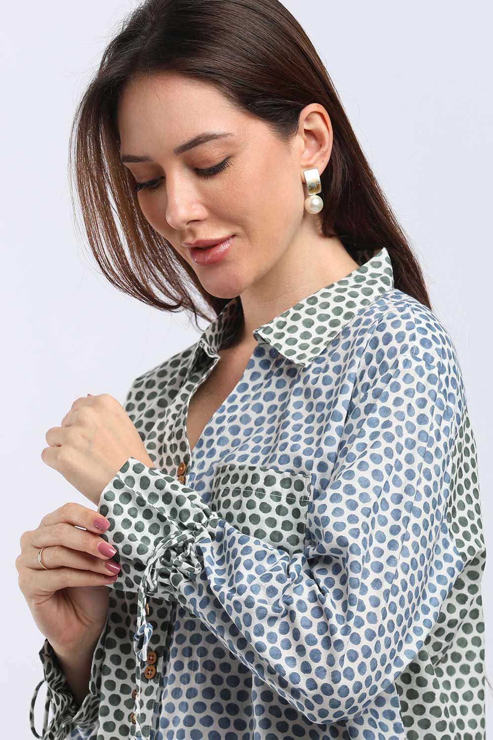 Mythri Women's Cotton Shirt Top | V-Slit Collar Full Sleeve Top with Tie-Up Tassels & Patch Pockets | Casual Office & Daily Wear - TO44