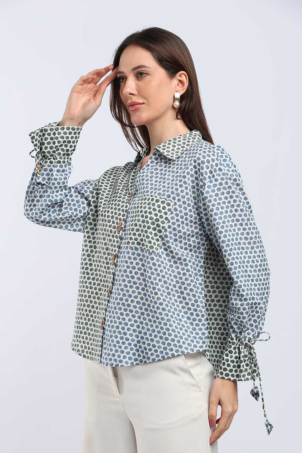 Mythri Women's Cotton Shirt Top | V-Slit Collar Full Sleeve Top with Tie-Up Tassels & Patch Pockets | Casual Office & Daily Wear - TO44