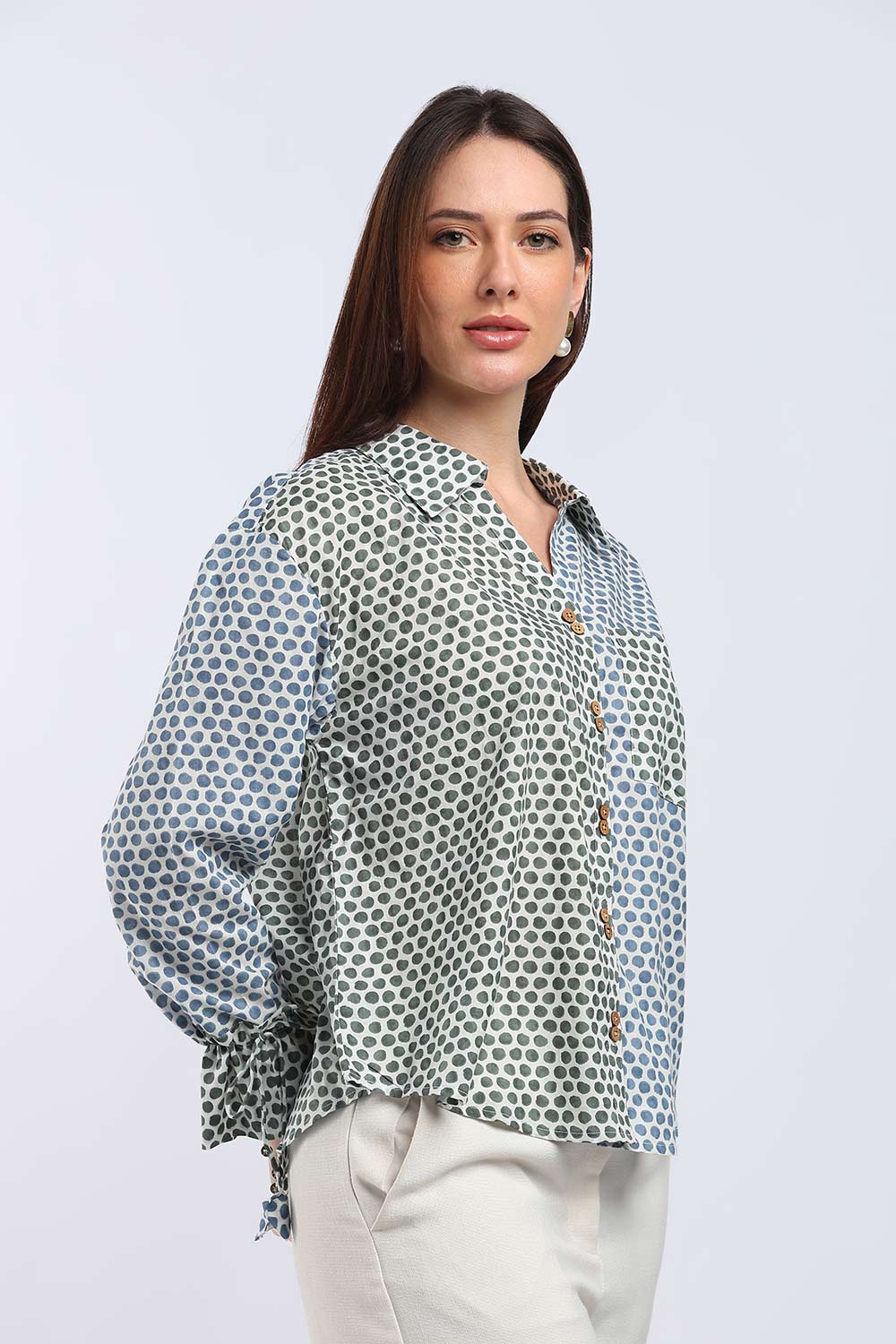 Mythri Women's Cotton Shirt Top | V-Slit Collar Full Sleeve Top with Tie-Up Tassels & Patch Pockets | Casual Office & Daily Wear - TO44